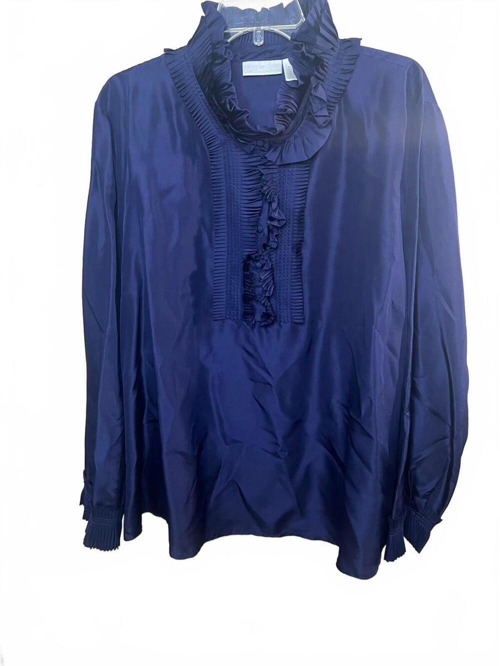 Soft Surroundings Navy Ruffle Front Button-Down Blouse